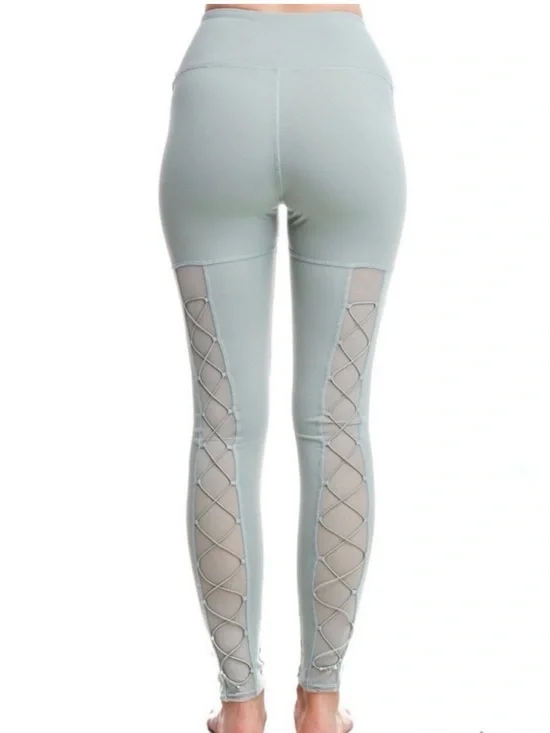 High-Waist Lace-Up Mesh Panel Leggings - Sage