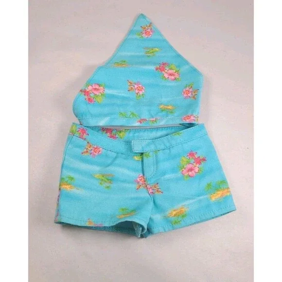 Pleasant Co. American Girl  Aqua Floral Shorts and Head Scarf
