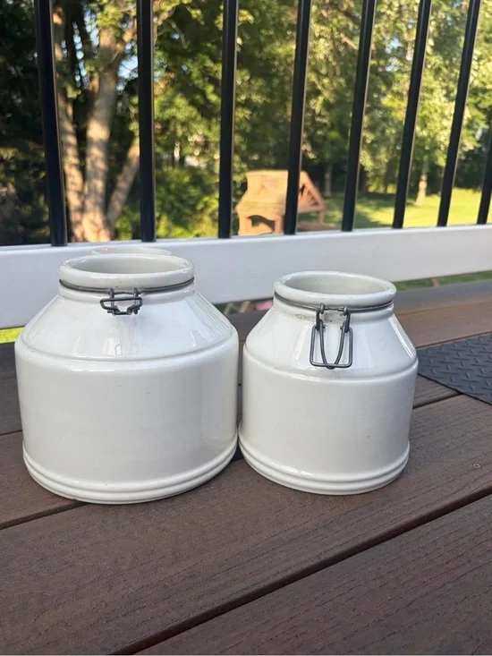 Vtg Baldelli Italy White Ceramic Milk Can Kitchen Canisters Set of 2 Clasp Lid