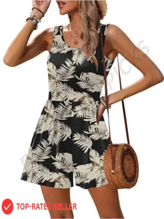 Women's Casual Summer Romper Sleeveless Scoop Neck Short Jumpsuit with Pockets