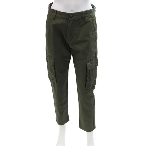 Zara Mens Cropped Cargo Pants Green Button Cotton Elastane Solid Size 36