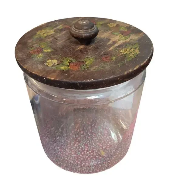 Vintage Strawberry Glass Jar w/ Wooden Lid 1980s Kitsch Decor storage canister