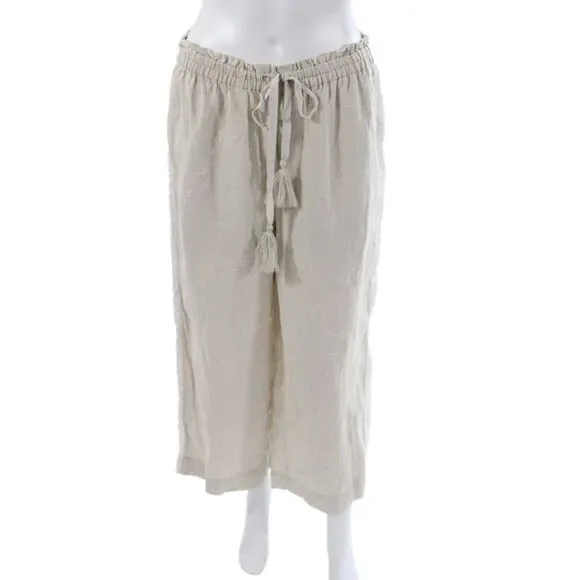 J Crew Women Cropped Beige Linen Boho Drawstring Pants Size M