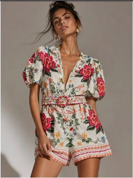 ANTHROPOLOGIE NWT Caroline Constas Cream Floral Embroidered V-Neck Romper
