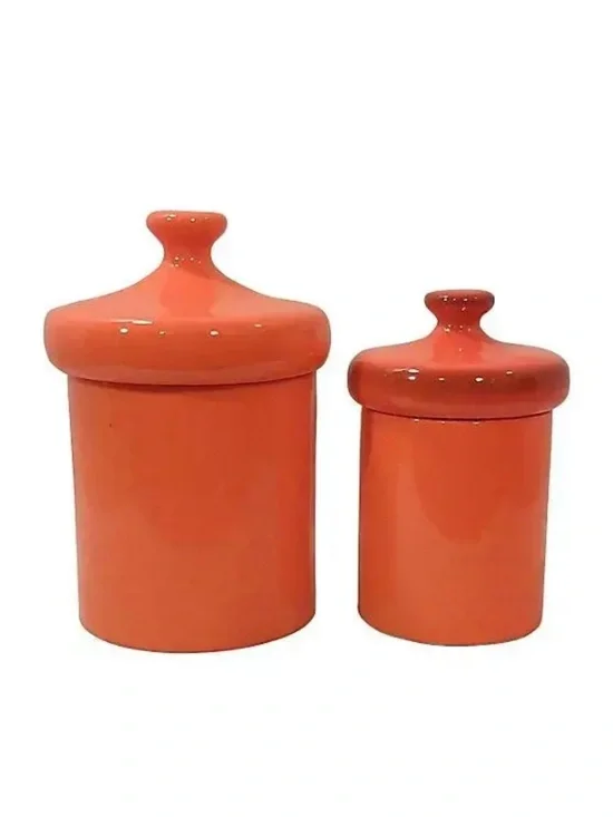 Mid-Century Orange Ceramic Kitchen Canisters-A Pair