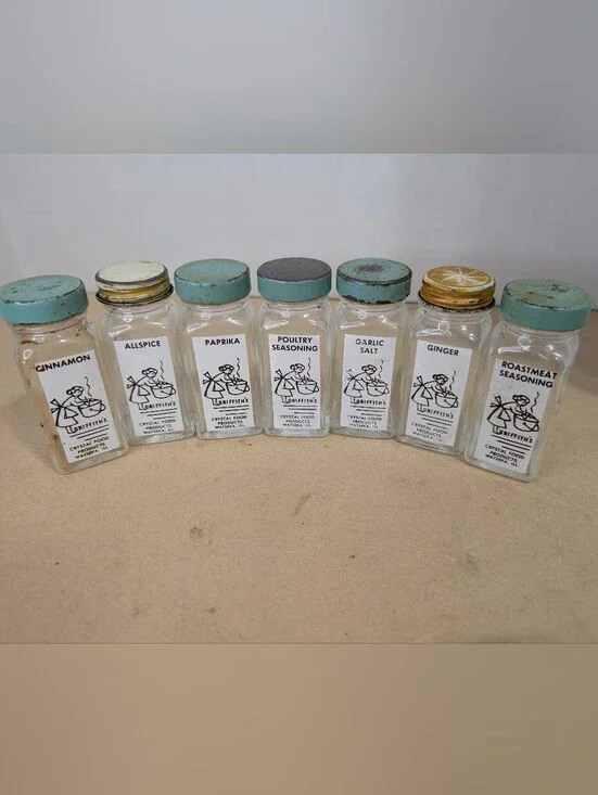 Lot Of 7 Vintage Griffiths Crystal Food Glass Spice Glasses Jars Clear Glass