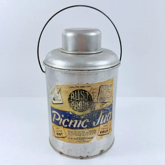 Vintage Faris Rust Proof Metal Picnic Jug Thermos W/ Drinking Cup & Handle 1960s