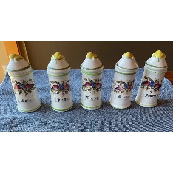 Vintage Italia by Arnart Set Of 5 Spice Containers With Lids Labeled In German