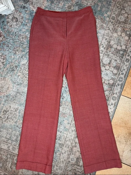 Tory‎ Burch 100% Wool Pants Size 14 Red Textured Cuffed Hem Tailored Trousers