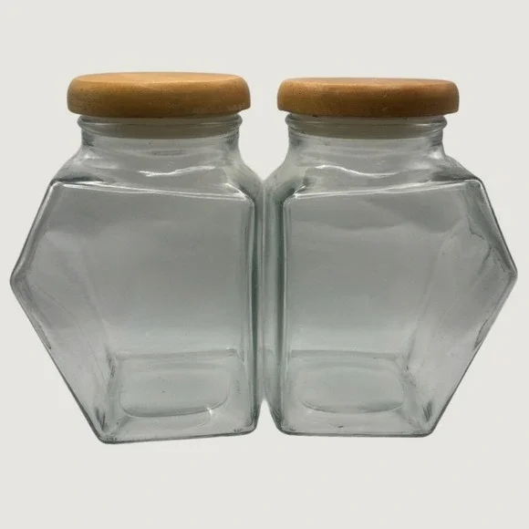 Glass Canister Set 2pc Clear Geometric Wood Lid Made in Canada Vintage
