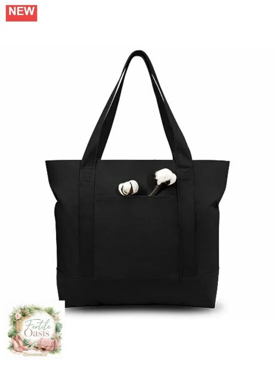 Canvas Tote Bag with Pocket, Top Zipper, Reusable Grocery Shopping Bag