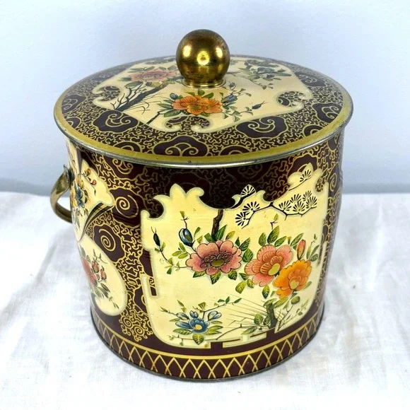 Vintage Container Made in England Floral Chinoiserie Metal Tin with Handle Gold