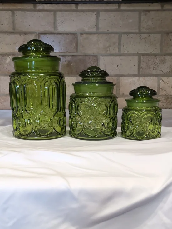 1950's LE Smith Emerald Green Glass Moon and Stars Canister Set - Three (3) Pcs.