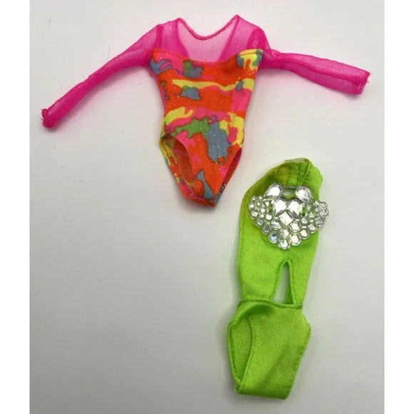 Vintage Barbie Doll Open Back Sun Jewel Swimsuit Neon Green/Gymnastics Outfit
