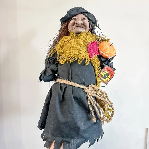 Vintage‎ Halloween Spooky Burlap Witch Figure w/ Broom & Pumpkin Decoration 16