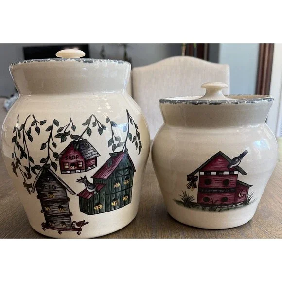 Home And Garden Party Birdhouse Pattern Canister Set of 2 Vintage 2001 Y2K USA