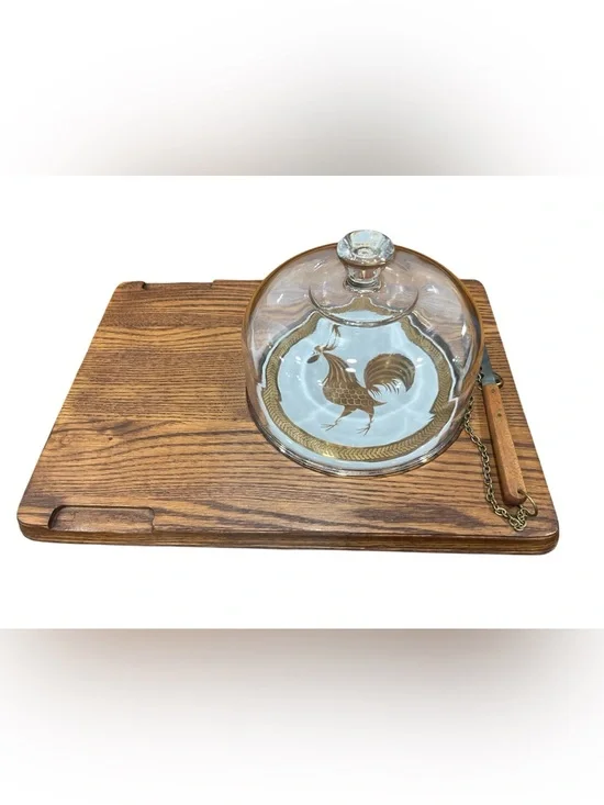 Vintage MCM Wooden Cheeseboard with Glass Dome & Rooster Design Cottagecore Farm