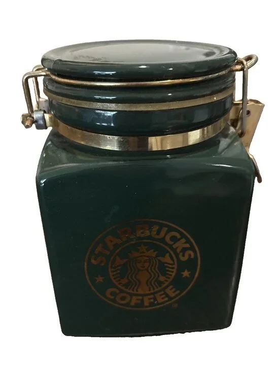 Starbucks Ceramic Coffee Canister Gold Mermaid Logo Green 7”