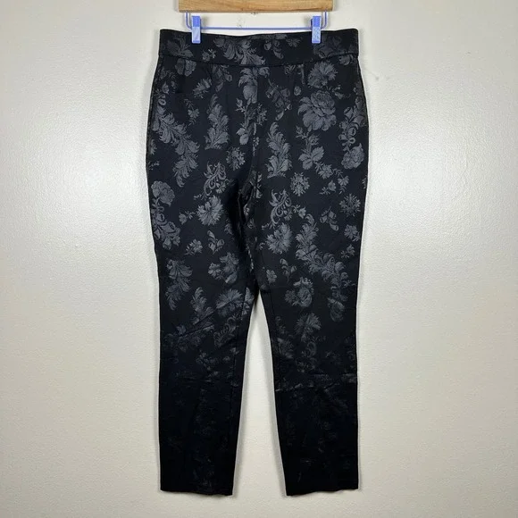 Christopher & Banks Women's 10P Pants Black Floral Damask Brocade Pull On Petite
