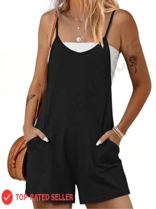 Women's Sleeveless V-Neck Romper Jumpsuit Adjustable Straps with Pockets Summer