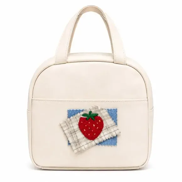 Insulated Lunch Bag for Women Cream Strawberry Embroidered Reusable Lunch Tote