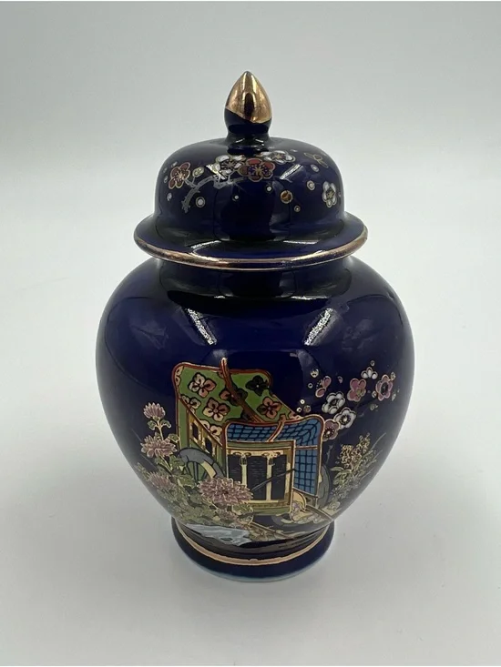 Vintage Sato Gordon Japan Kutani Cobalt Blue Ginger Jar Rickshaw & Flowers 4.5”