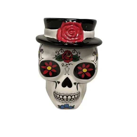 Day of the Dead‎ Sugar Skull Ceramic Cookie Jar Top Hat Rose
