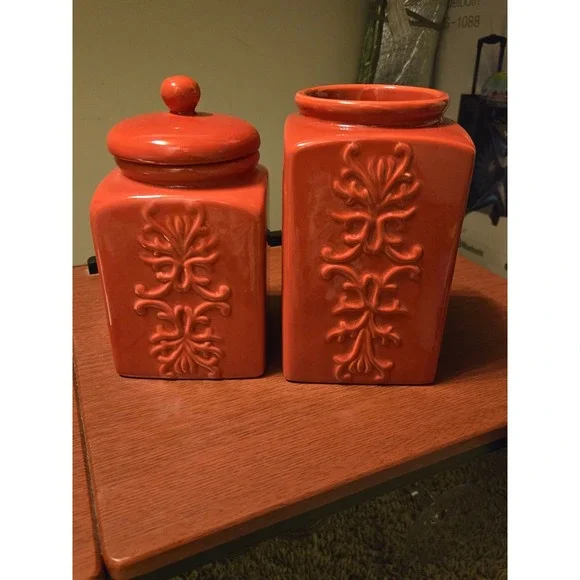 Burnt Orange Ceramic Canister Set‎ Embossed Scroll Square Kitchen Storage 2pc