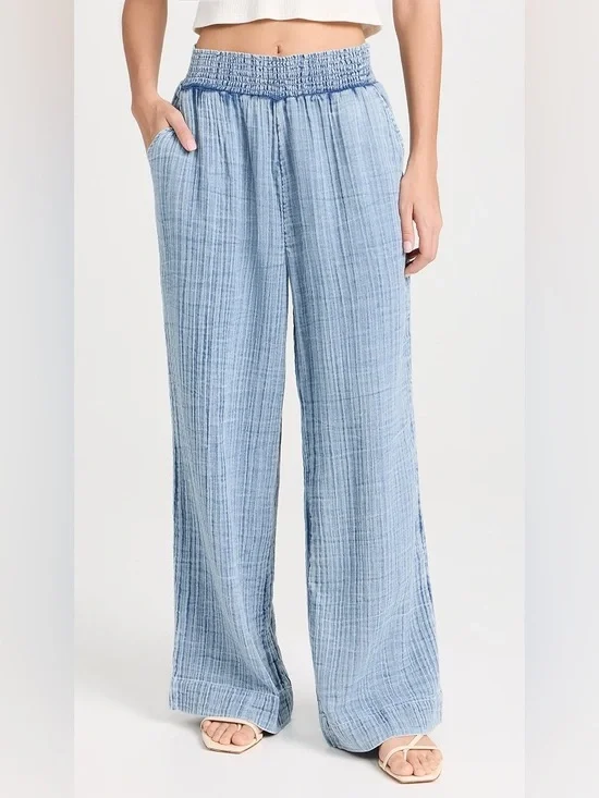 Faherty Dream Cotton Gauze Wide Leg Pants in Washed Indigo Blue Sz L Lounge