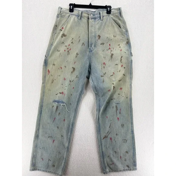 mnml - Carpenter Pants Paint Splatter Distressed Herringbone - Blue - 34 - Mens