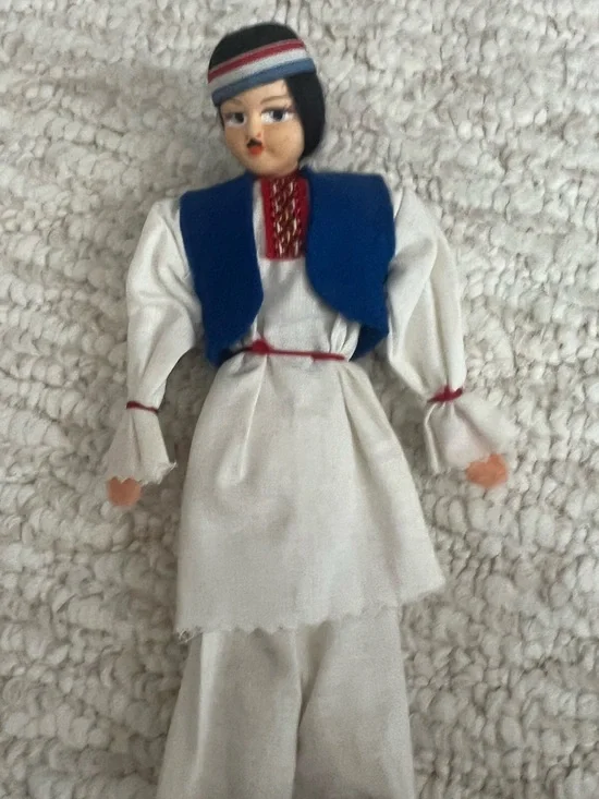 Traditional Folk-Style Greek Doll with Outfit in White and Blue