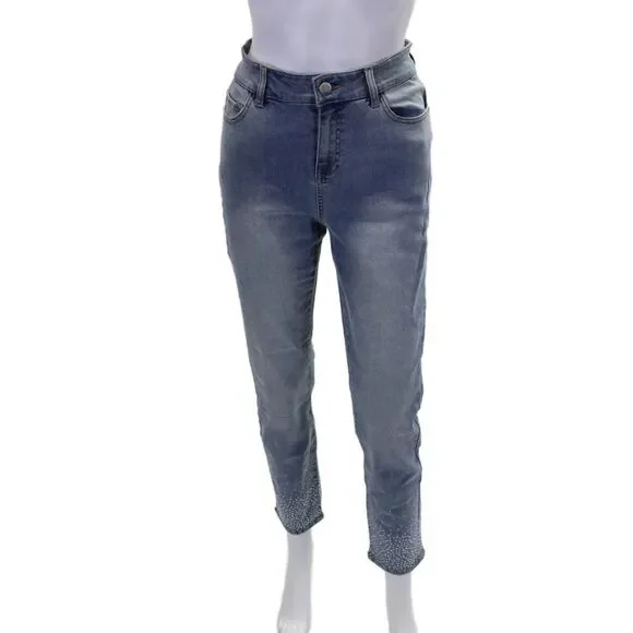 Renuar Womens Blue Wash Embellished Straight Leg Skinny Pants Blue Size 2