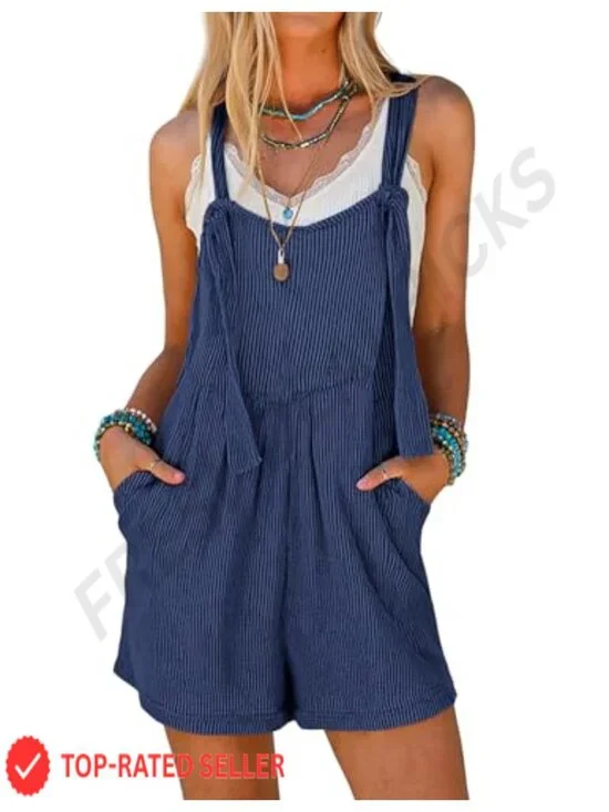 Sleeveless Ribbed Knit Jumpsuit with Pockets, Adjustable Straps, Vacation Beach