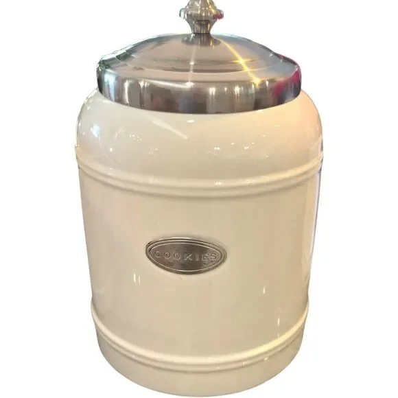 Williams Sonoma White Round Cookie Jar with Stainless Steel Lid. Discontinued.
