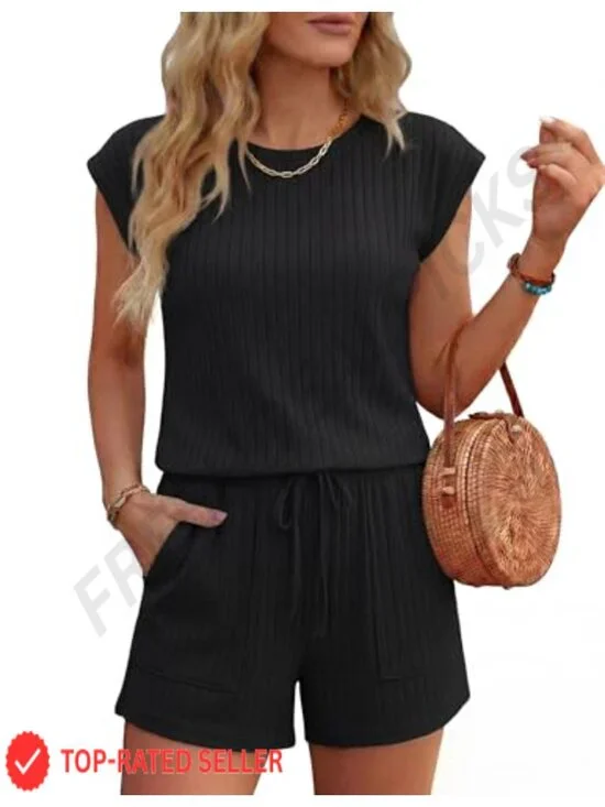 Womens Cap Sleeve Romper Summer Casual Jumpsuit Wide Leg with Pockets