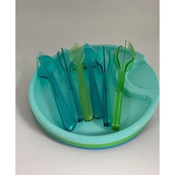 Pampered Chef 10” Outdoor Party Plate Set of 6 + Flatware‎ Picnic Cookout BBQ
