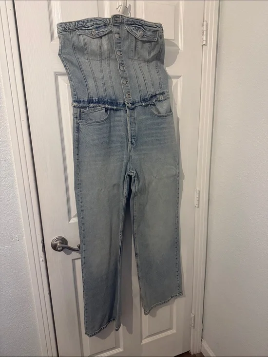 Zara Light Blue Strapless Denim Overalls