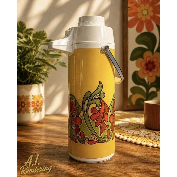 Vintage 70s Japan Airpot Pump Thermos MCM Mod Flower Power Yellow Green Orange
