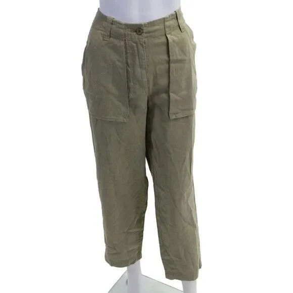 J Crew Women Cropped Cargo Pants Green Linen Lyocell Size 4
