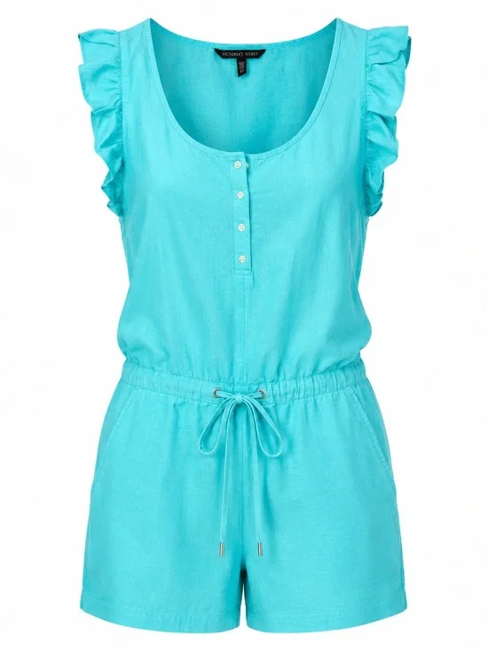 Victoria's Secret Turquoise Linen Blend Ruffle Romper Y2K Small