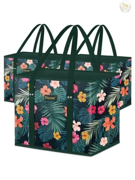 Set of 3 Heavy Duty Reusable Grocery Tote Bags with Long Handles