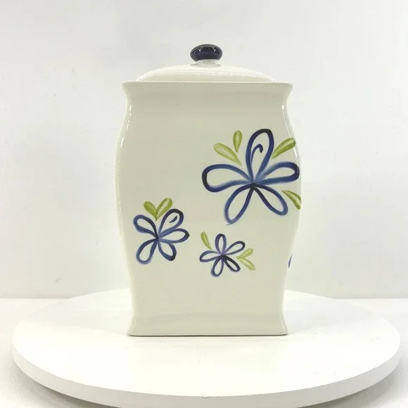 Starbucks 2003 Vintage Ceramic‎ Floral Canister Jar with Lid Blue Green White