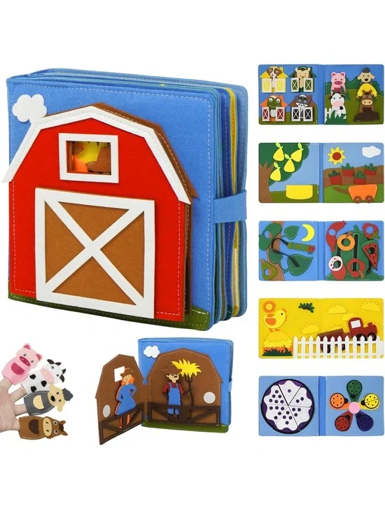 Kids Felt Barn Activity Quiet Book - Blue & Red