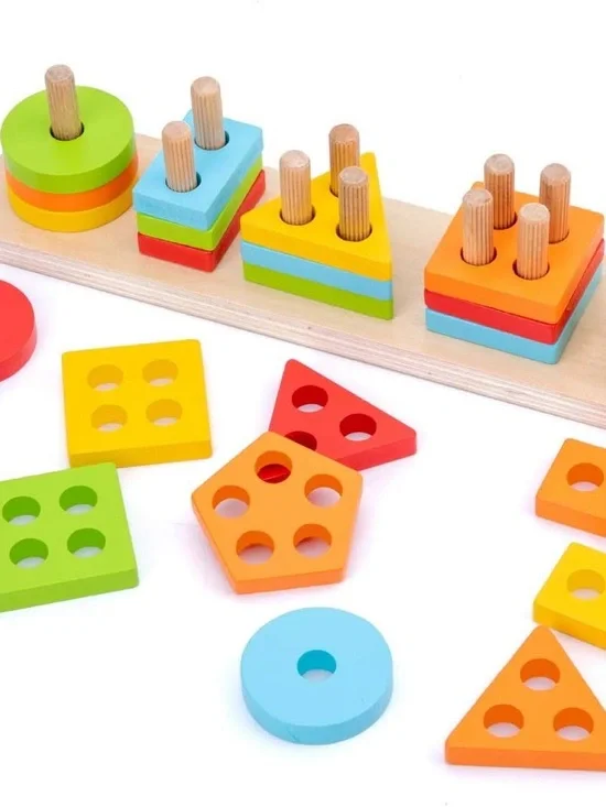 Wood City Montessori Wooden Shape Sorting & Stacking Puzzle (Ages 1-3)
