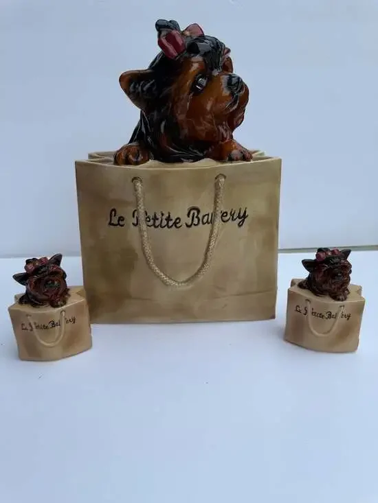 Vintage Le Petite Bakery Ceramic Yorkshire Terrier Cookie Jar and Light Covers