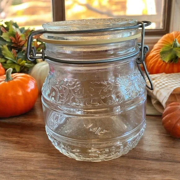 VTG Cove Italy Clear Glass Jar Canister Vine Embossed Wire Bale Hinge Lid EUC
