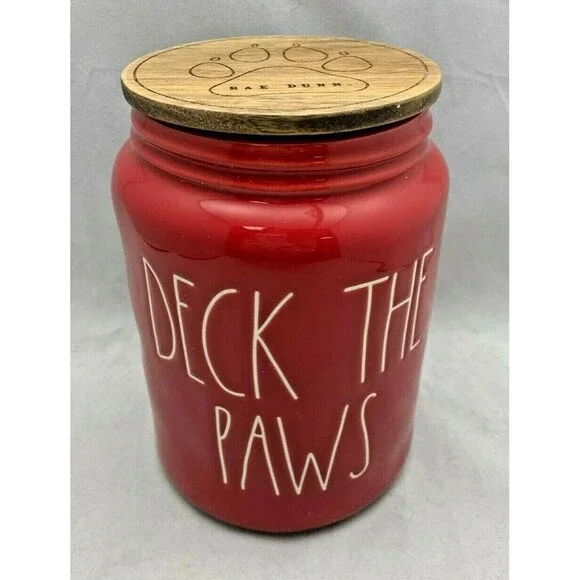 NEW RAE DUNN Christmas Dog Ceramic Canister Jar “DECK THE PAWS” 8.25