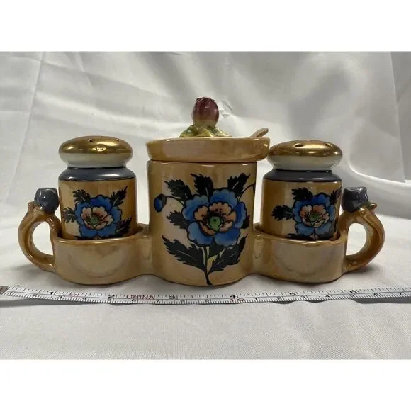 Lusterware Hand Painted Japan Vintage Condiment Set Salt‎ Pepper Sugar Spoon MCM