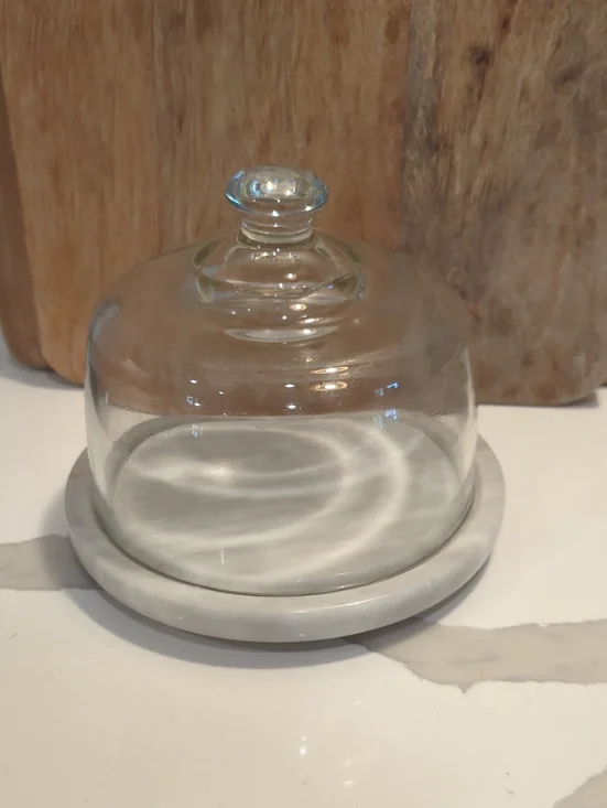 Dutch Garden Grey Marble & Glass Cloche Cheese Dome Keeper Tray Platter Server