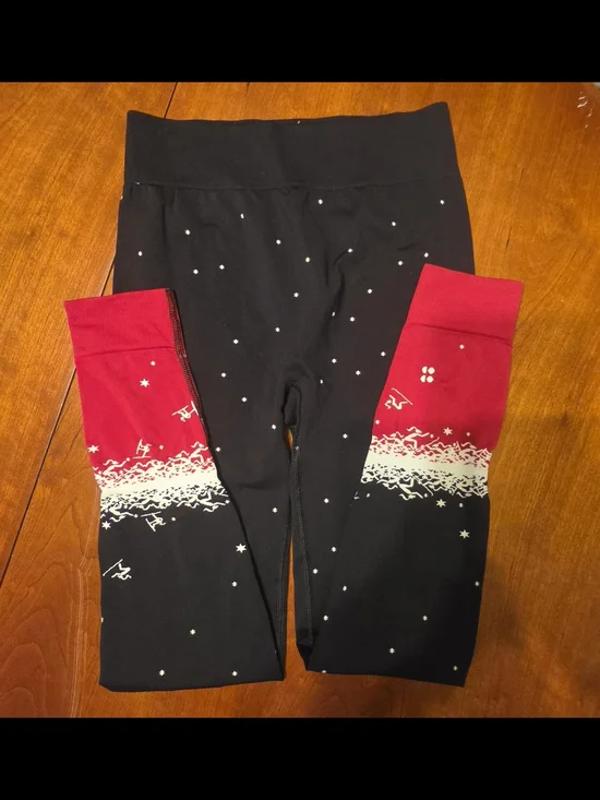 Sweaty Betty Ski Print Leggings Small Black Red Stars Base Layer